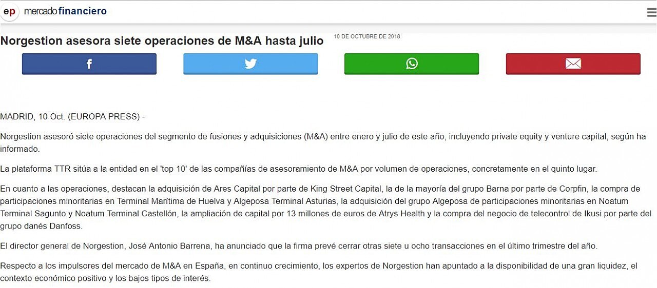 Norgestion asesora siete operaciones de M&A hasta julio